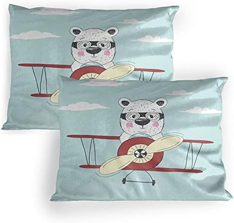 Ambesonne crtani jastuk, ručno izvučeno pilot medvjed leteći avionom na otvorenom nebu smiješno, ukrasna jastučnica za tiskanu veličinu, 30 x 20, blijedo plava krema Ruby