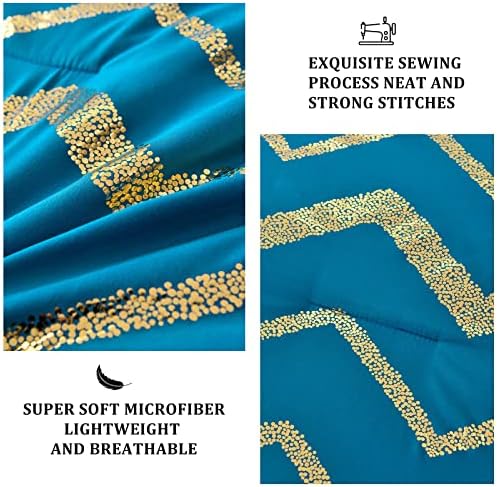Teal Blue Comforter Set Queen, metalik print Gold Glitter Posteljina Postavi luksuzni krevet za muškarce,