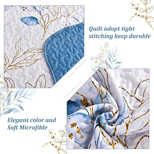 Anibedding Botanical Quilt Set Queen, 3 komada Reverzibilni elegantni plavi listovi uzorak prekrivač prekrivača mekani poklopac za krevet za cijelu sezonu