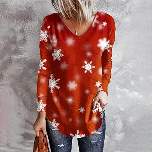 Gatxvg Plus Veličina Božićna majica za snježnu pahuljicu za žene V-izrez dugih rukava s dugim rukavima