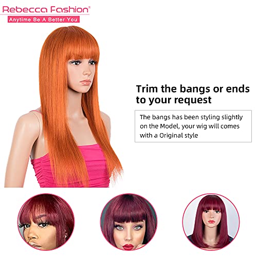 Rebecca Fashion 18 Inch narandžasta boja ravne Perike od ljudske kose sa šiškama Perike od 130% gustine za crne žene, Perike od ljudske kose za Cosplay, svakodnevna upotreba
