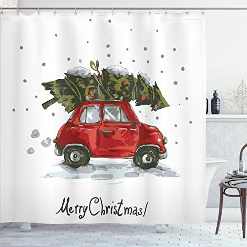 Ambesonne božićna tuš zavjesa, retro stil automobila Xmas Tree Vintage Porodični stil Ilustracija Snježni