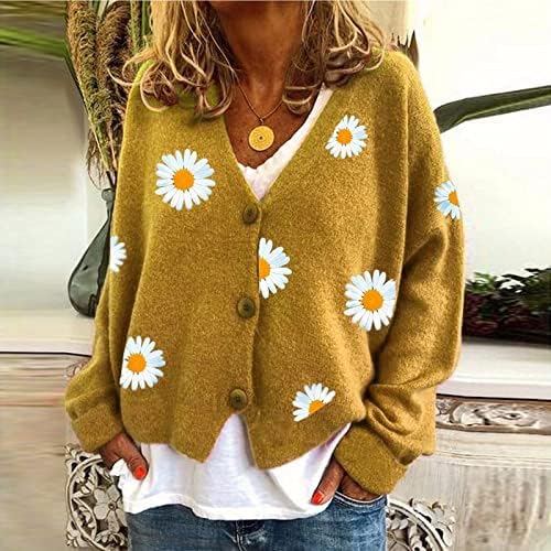 Ženska tratinčica cvjetni ispis džemper s dugim rukavima V rector gumb dolje kardigan otvoreni prednji