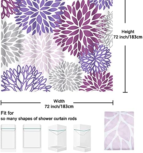 Dahlia cvjetna tuš za tuširanje, cvjetni kupatilo, vodootporno poliesterska tkanina ljubičasta siva set, sa 12 kuka 72 x 72 inča