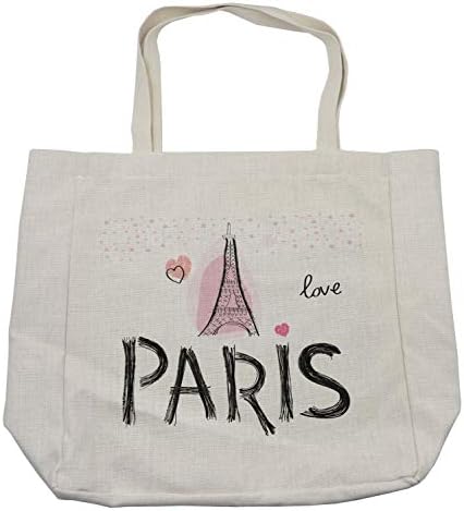 Ambesonne Eiffelov toranj torba za kupovinu, ručno nacrtana Sketchy Paris tipografija i zgrada, ekološka torba za višekratnu upotrebu za namirnice plaža i još mnogo toga, 15,5 X 14,5, krema