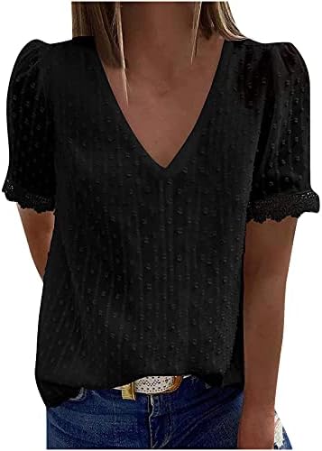 Ženski V izrez kratki rukavi vrhovi čipkasti kukičani obični modni Pom Pom majica Casual labave bluze majice
