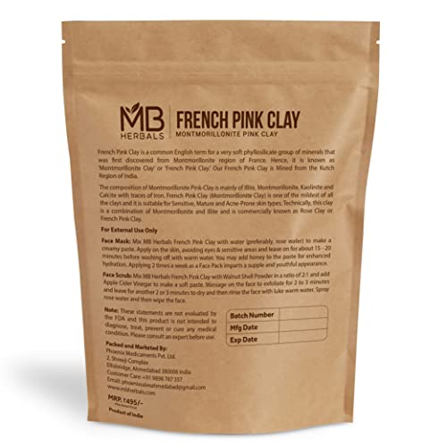 MB Herbals Francuska ružičasta glina 454g / Montmorrillonite ružičasta glina / blaga, hidratantna glina pogodna za osjetljivu kožu