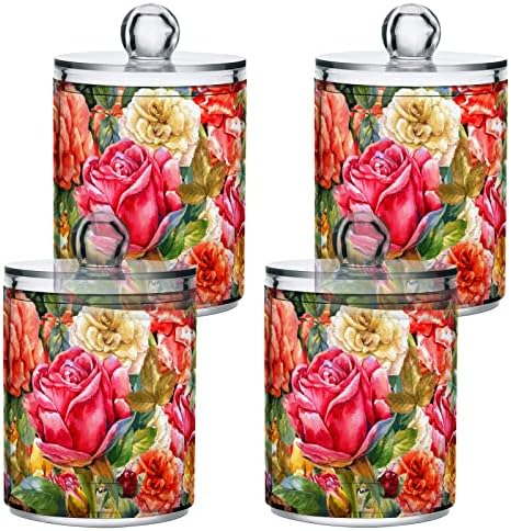 Yyzzh Vintage cvjetni uzorak Rose Peony cvijet 4 pakovanje QTIP-a Držač za pamučnu swab loptu okrugli jastučići FLOSS 10 oz Apoteka za kupatilo za skladištenje kupaonice Organizator šminke