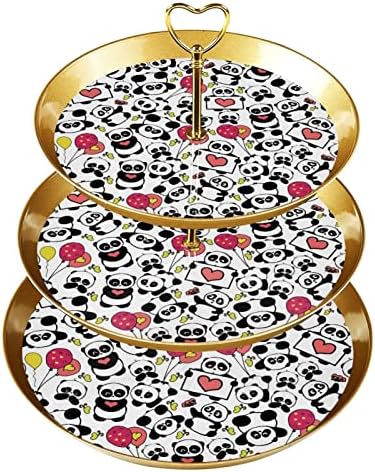 DRAGONBTU 3 TIER CUNCCAKE postolje sa zlatnim štapom plastična razina desertna ladica slatka panda sa srcima voćnim bombonskim displejem za vjenčanje rođendan božićne čajne zabave