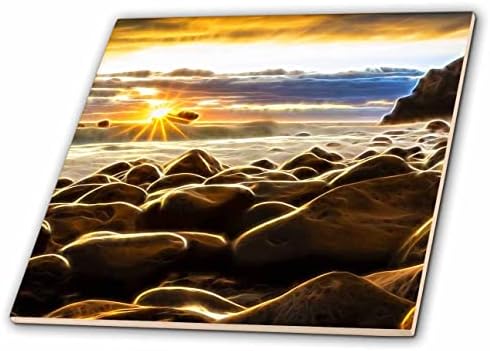 3drose Bright Sunset preko stjenovite plaže slika svjetlosti Infused Painting-Tiles