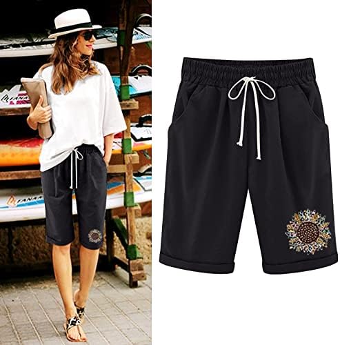 Duge kratke hlače za ženske ležerne ljetne hlače, suncokret print kratke hlače Roll Hall Hlače na odmor