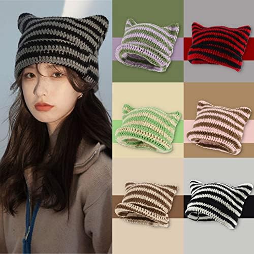 Ženske zimske mačke uši kape s mekim pločanim prugastim pletenim šeširom Trendi tople kukičane