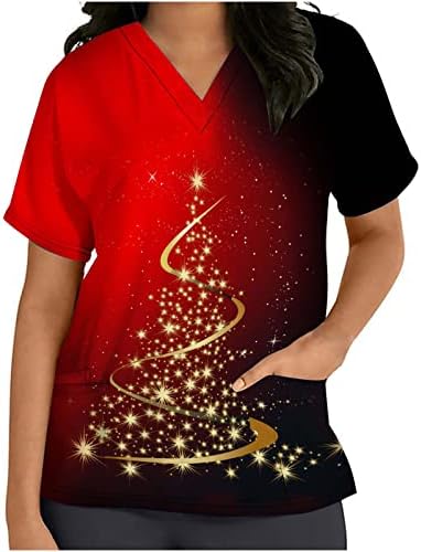 Božićno stablo Thirs za žene medicinske sestre Radne uniforme vrhovi V izrez kratkih rukava pulover s džepom