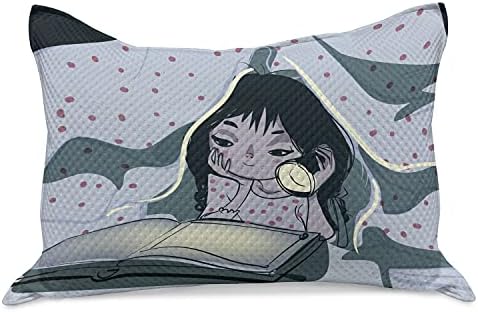 AMBESONNE CARTOON Pleteni quilt jastuk za čitanje, devojčica Čitanje knjiga ispod pokrivača koristeći spavaću