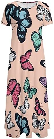 Slatki leteći leptiri uzorak Ženska haljina kratkih rukava okrugla izrez Maxi haljina casual duge haljine