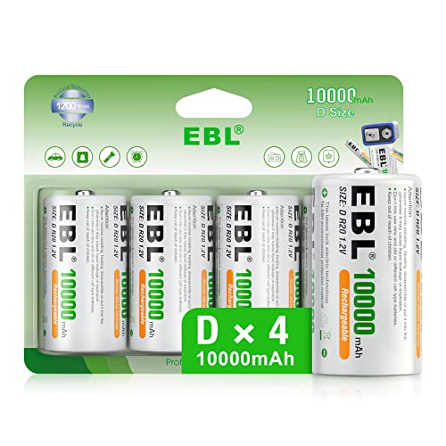 EBL punjive baterije D, 10000mAh NI-MH visok kapacitet D ćelijski baterijski novi maloprodajni paket, paket