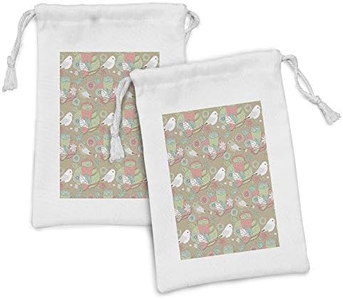 AMBESONNE prirodna torba od tkanine 2, čajne šalice sa pticama Cvijeće limunske kriške i lišće u retro bojama, male torbe za vuču za toaletne potrepštine, 9 x 6, blijedo zeleno rumenilo i sumrak