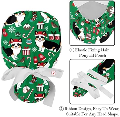 Ratgdn Medicinske kape za žene sa dugmićima Duga kosa, 2 komada Podesiva radna kapa, Božićno snježna granica