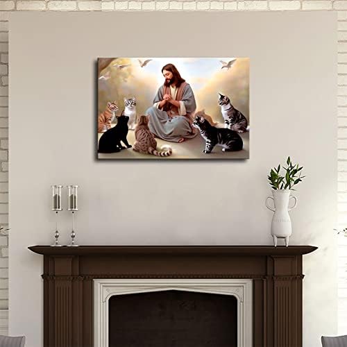 Isus kršćanski Bog okružen mačkama anđeli za ljude vole Cat Canvas Art Wall Decor Frame - vjera hrišćanski Bog