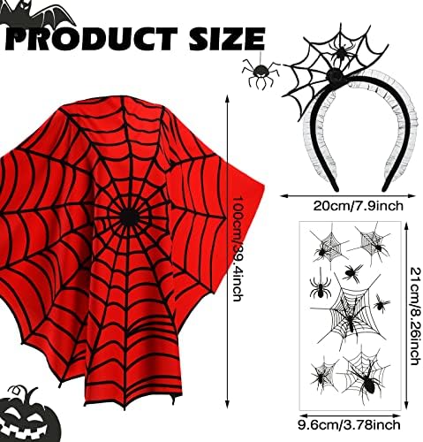 3 kom Halloween Spiderweb Poncho Kostim Spider Web Haider Spider Privremene tetovaže Set Cosplay Devil Trake za glavu Makeup Tettoos Cosplay kostim crna, crvena