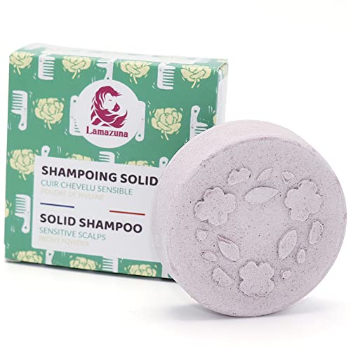 Lamazuna Solid šampon za osjetljive vlasice - Peony puder i chalmoogra ulje, smiruje se, oštećena i ljuskala koža. Veganski friendly, organski, surovni besplatni, čvrsti šamponzirani barovi, napravljeni u Francuskoj.