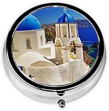 Santorini okrugla kutija za pilule s pogledom na more s grčkog ostrva, Mini prenosiva kutija za pilule,
