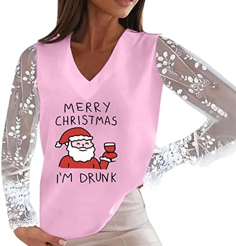 Ženski dugi rukav božićna majica za žene izdubljeni dugi rukav V izrez Pulover čipka Ležerna labava majica