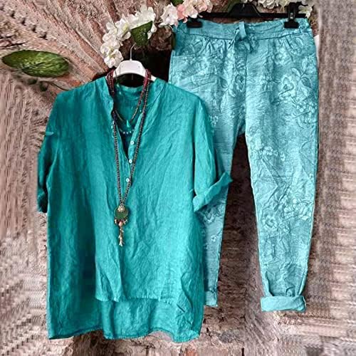 2 komada odjeće za žene Ljeto Ležerne prilike pamučne posteljine udobne labave fit vintage tines i hlače postavlja setove odjeće kratkih rukava