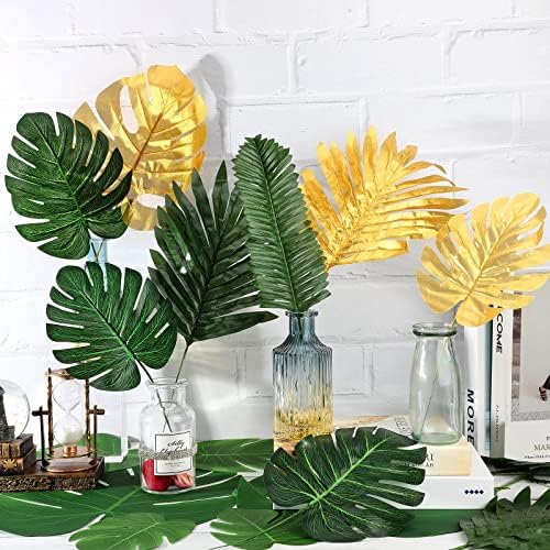 216 komada umjetnog palma 10 vrsta džungle ukrasi za zabavu Zlatni zeleni lažni listovi Faux Monstera Listovi sa stabljicima tropskim listovima Party Decor safari lišće za havajske zalihe na plaži Luau