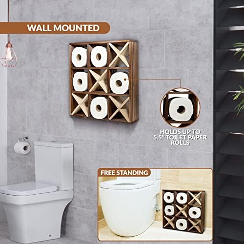 TIC TAC TOE WC držač papira | Toaletni papir Organizator Zidni nosač ili samostojeća drvena
