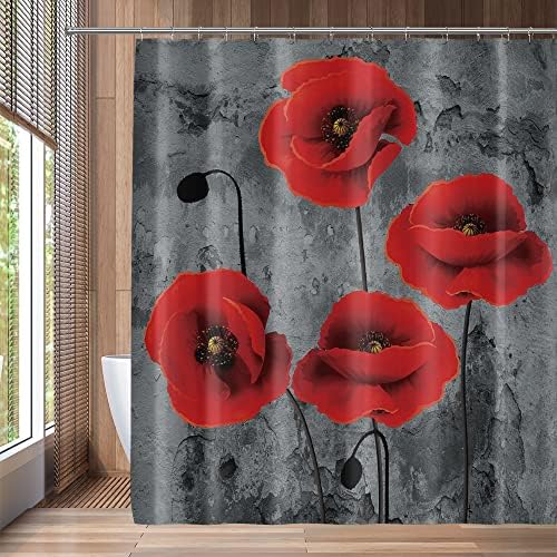 QZJDX Poppy zavjesa za tuširanje za kupaonicu Crvena cvijeća Seoska kuća Cvjetni biljke Rustikalna