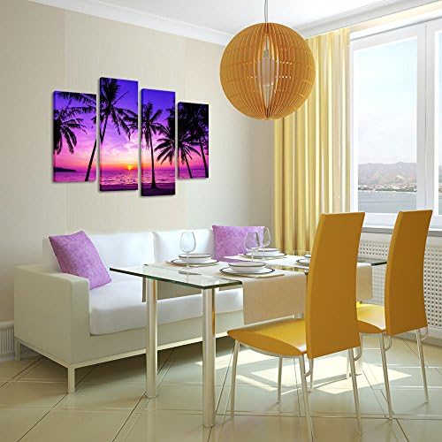 Kreative Arts - 4 Panel tropske palme ljubičasti Zalazak sunca na okeanskoj plaži zidna Umjetnost Print slika na platnu uokvireno umjetničko djelo spremno za vješanje