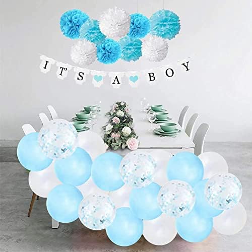 Dekorative za tuširanje za dječaka plave i bijele, s dječakom bannerom, konfeti baloni i papirnim papirima