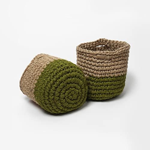 Habere India - Sve kulture koje proizlaze u Indiji Jute Crochet košare na mreži | Dizajnerski kukičani košare | Crochet Storage / police Košare, Bež i zelena)