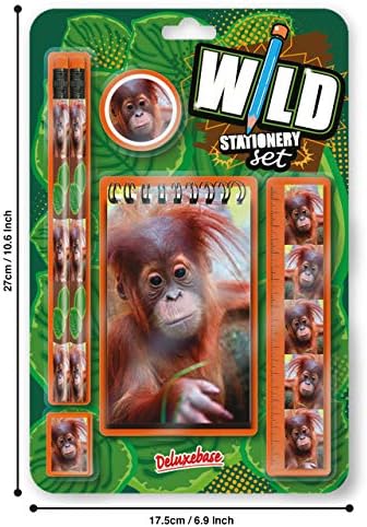 Set divljih pribora - Orangutan iz Deluxebase. Ovi zabavni stacionarni setovi za djevojčice i dječake uključuju 2 olovke, gumb, oštrica, vladar i bilježnica.