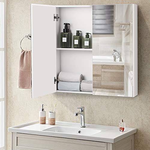Tangkula kupaonski ormarić za lijekove, 2-slojni zidni ormar za odlaganje s dvostrukim ogledalom, višenamjenski kuhinjski ormar za odlaganje lijekova za kupaonicu, bijeli