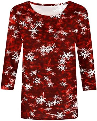 3/4 bluze za rukav za žensku posadu izrez snijega snijeg Ispis labavih molbi božićnih casual bluze dame 4i