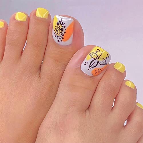 Docvoeomh pritisnite nokte na nogama za žene kratki kvadratni lažni nokti na nogama Žuti akrilni nokti