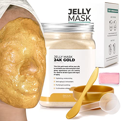 BRÜUN Peel-Off 24k Gold Jelly maska za njegu lica – 23 fl oz gumena maska tegla za 30 do 35 tretmana – hidratantna Gel maska za njegu kože Spa Set za muškarce, žene i odrasle