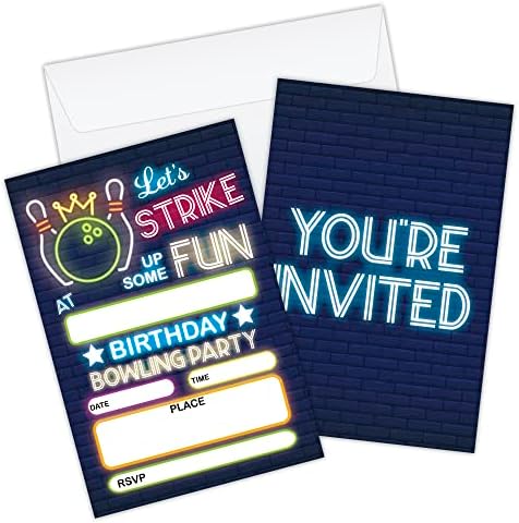 20 Kartice za rođendan Neon kuglanje sa kovertama - Party Proslava za tinejdžere Dječje dječake Dječje djevojke - Kuglanje Pozovite - Rođendan Party Proslava Party Supplies Favori - MA29