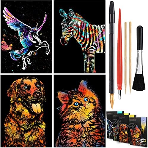 Meowhaus Scratch Art Rainbow Soking Papir Animal, DIY zanatski ženski hobiji Graving Art Scratchboard za odrasle i djecu, rođendanski poklon set 16 x 11,2 inčni 4 listova