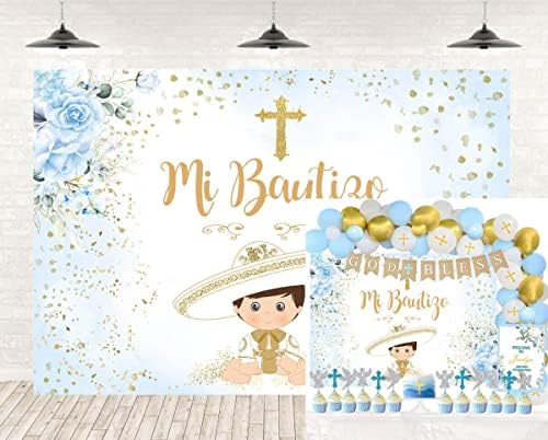 Mi Bautizo Backdrop za dječake Meksički španjolski ukrasi za baptizam Plava i zlatna folija Bože Bless Bog Prvo Sveti zajedništvo Novorođenče za tuširanje rođendana za rođendan za rođendan 7x5ft pozadina 7x5ft