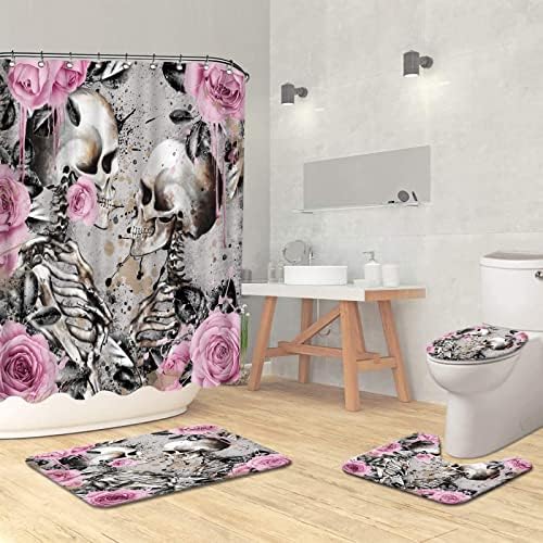 Ryouoart 4pcs Skeleton Par kupaonica set gotičke lubanje s ružičastim dizajnom cvijeća za zavjese za tuširanje romantična volite zavjese s neklizanim prostirkom toaletni poklopac i kade