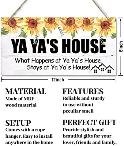 EDCTO vintage stil, Ya Ya's House Što se događa u kući Ya Ya, ostaje na mjestu Ya Ya, viseći drveni znak Početna Dekorativni, tiskani Wood Wall Art Stil, poklon za baku 12x6 in