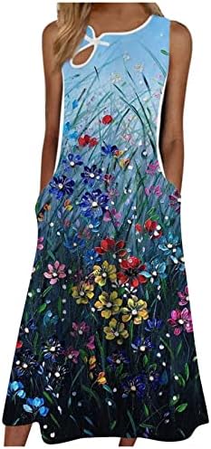 Miashui haljina srednje dužine žene cvijeće haljine majica sa dugmetom bez rukava Midi haljina Casual labave ljetne haljine za žene
